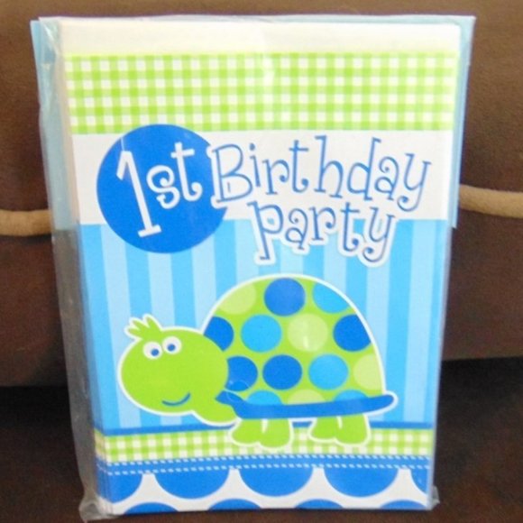 1st Birthday Party Turtle 24 Invites & 16 Table Decorations Turtle Kids Green - Picture 5 of 6